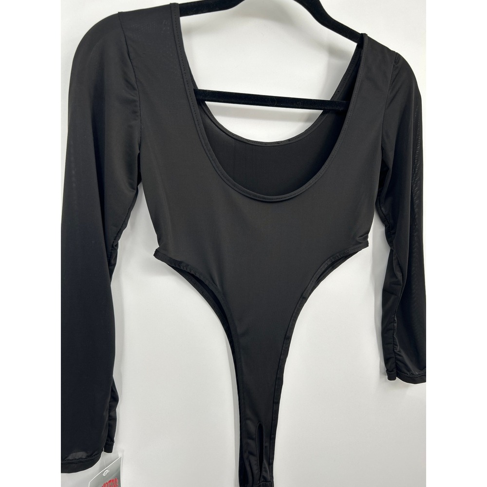 Black High Cut Long Sleeve Bodice Mesh Sleeve Bodysuit Small - Picture 2 of 10